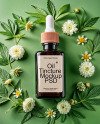Amber Oil Tincture Square Bottle with Flowers and Green Backdrop Mockup
