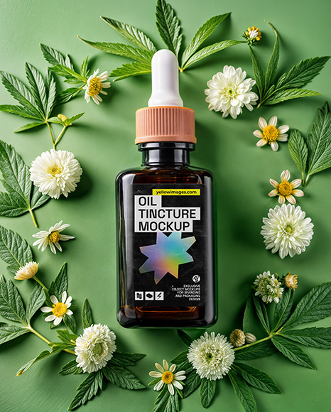 Amber Oil Tincture Square Bottle with Flowers and Green Backdrop Mockup