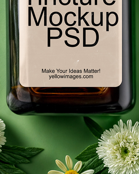 Amber Oil Tincture Square Bottle with Flowers and Green Backdrop Mockup