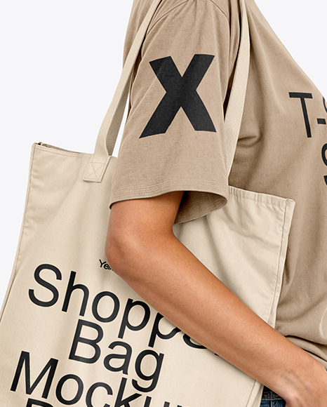 Young Woman with Tote Bag Wearing a T-Shirt and Jeans Mockup
