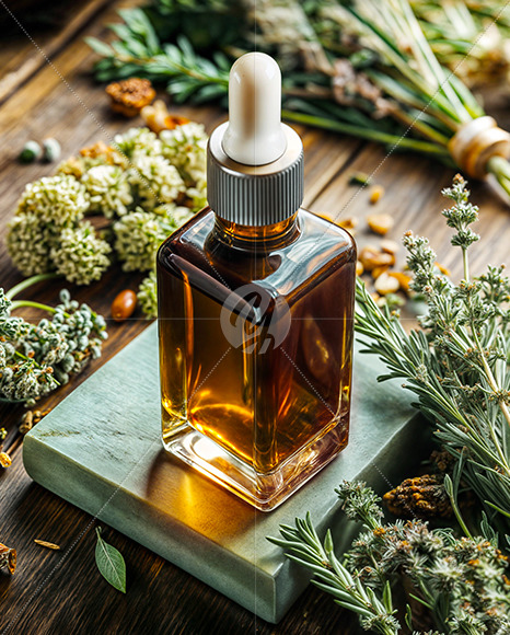 Amber Oil Tincture Square Bottle with Dry Herbs Mockup