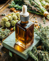 Amber Oil Tincture Square Bottle with Dry Herbs Mockup