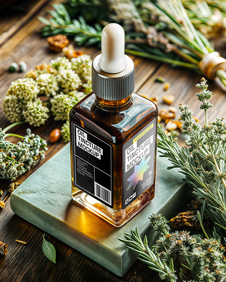 Amber Oil Tincture Square Bottle with Dry Herbs Mockup