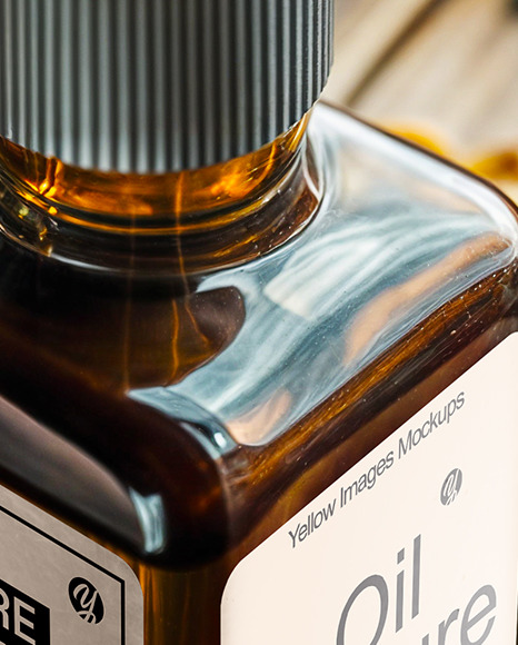 Amber Oil Tincture Square Bottle with Dry Herbs Mockup
