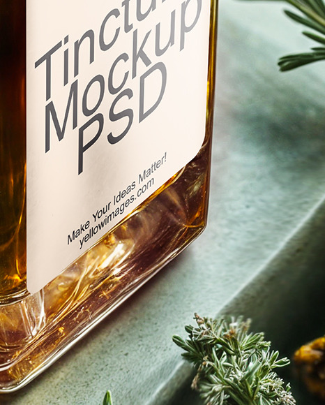 Amber Oil Tincture Square Bottle with Dry Herbs Mockup
