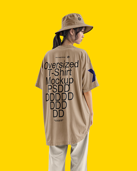 A Young Asian Woman Wearing a Bucket Hat and Oversize T-Shirt Mockup