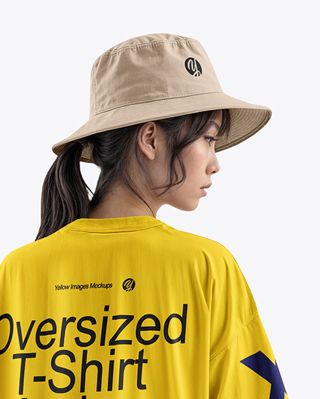 A Young Asian Woman Wearing a Bucket Hat and Oversize T-Shirt Mockup