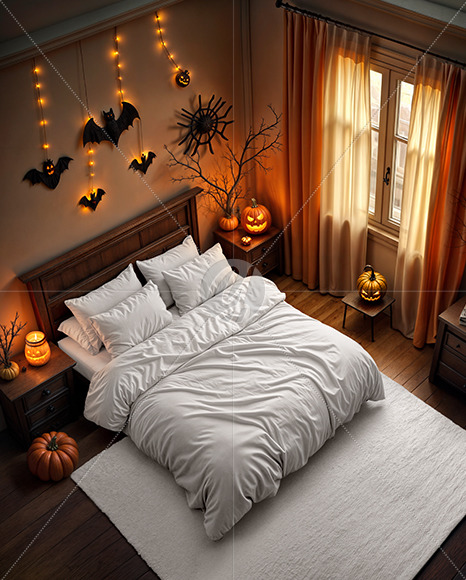 Halloween Themed Double Bed with Bedding Set and Carpet Mockup