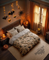 Halloween Themed Double Bed with Bedding Set and Carpet Mockup