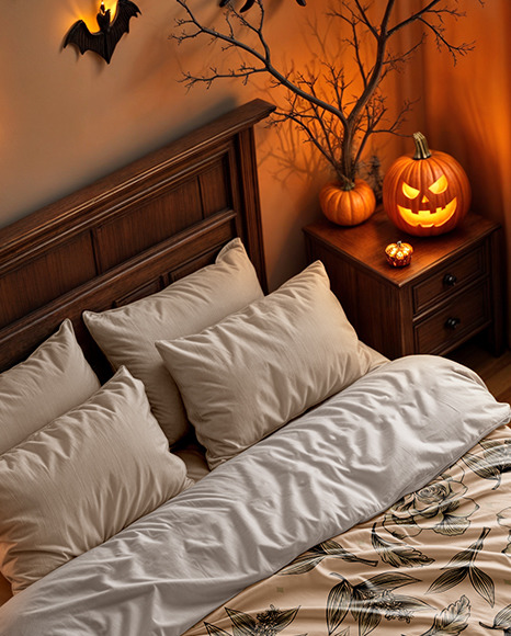 Halloween Themed Double Bed with Bedding Set and Carpet Mockup