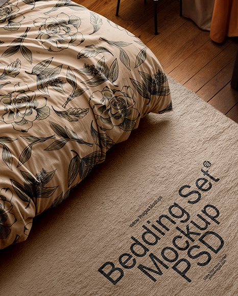 Halloween Themed Double Bed with Bedding Set and Carpet Mockup
