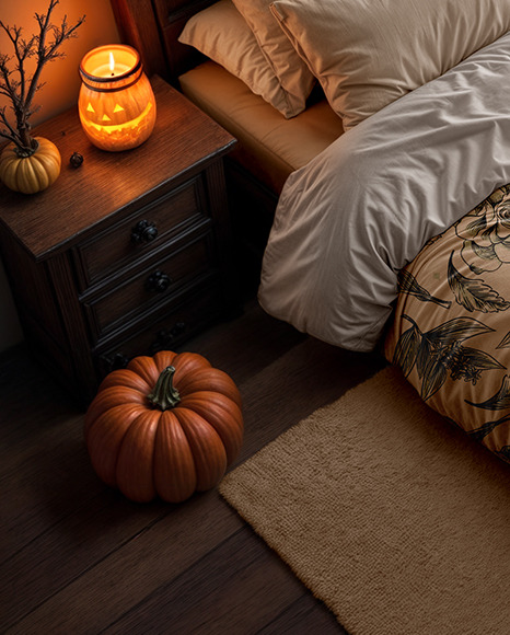 Halloween Themed Double Bed with Bedding Set and Carpet Mockup