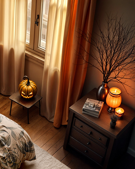 Halloween Themed Double Bed with Bedding Set and Carpet Mockup