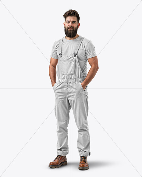 A Bearded Man Wearing a Bib Overall and T-Shirt Mockup