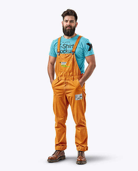 A Bearded Man Wearing a Bib Overall and T-Shirt Mockup