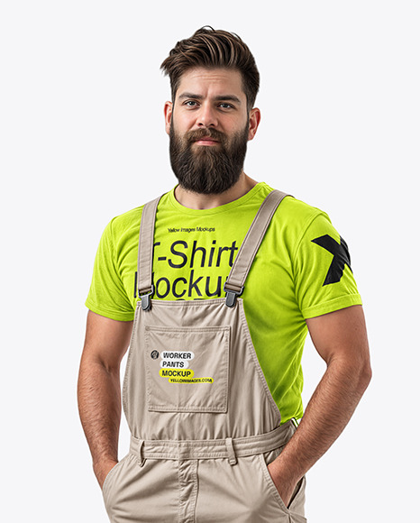 A Bearded Man Wearing a Bib Overall and T-Shirt Mockup
