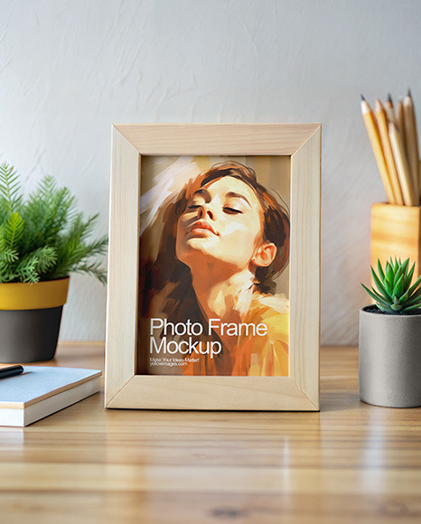 Wooden Photo Frame on a Table Mockup