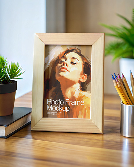 Wooden Photo Frame on a Table Mockup