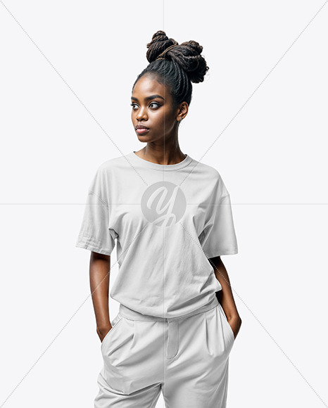 Young Black Woman with Braids Wearing a T-Shirt and Pants Mockup