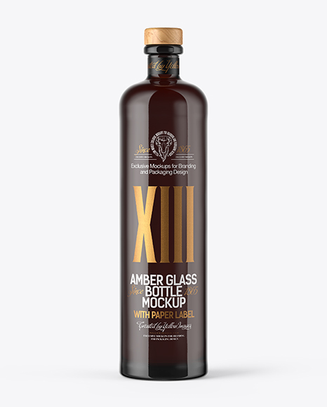 Dark Amber Glass Bottle with Wooden Cap Mockup