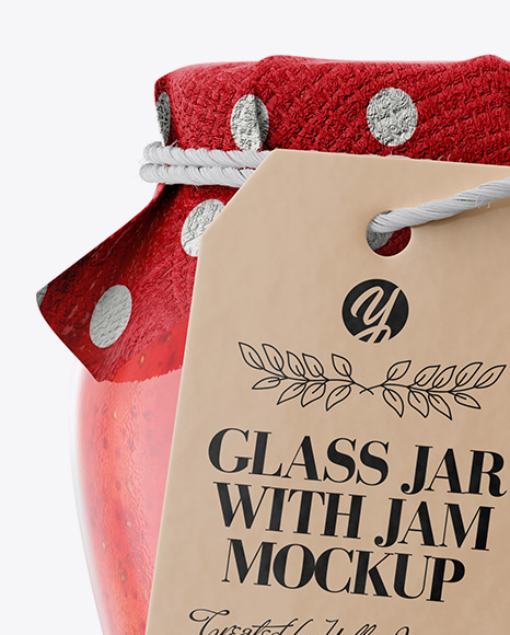 Glass Strawberry Marmalade Jar with Fabric Cap and Label Mockup