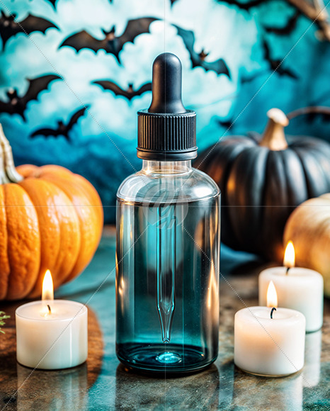 Blue Oil Tincture Dropper Bottle with Halloween Themed Background Mockup