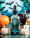 Blue Oil Tincture Dropper Bottle with Halloween Themed Background Mockup