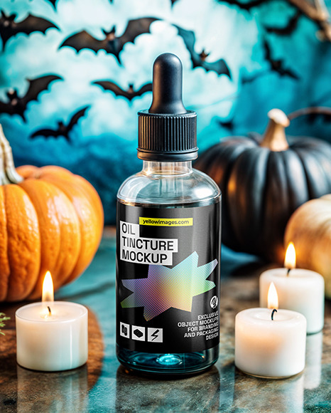Blue Oil Tincture Dropper Bottle with Halloween Themed Background Mockup