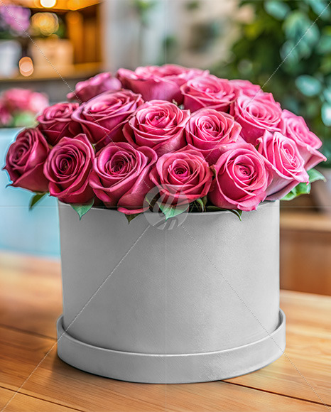 Round Flower Box with Pink Roses Mockup