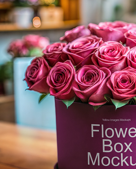 Round Flower Box with Pink Roses Mockup