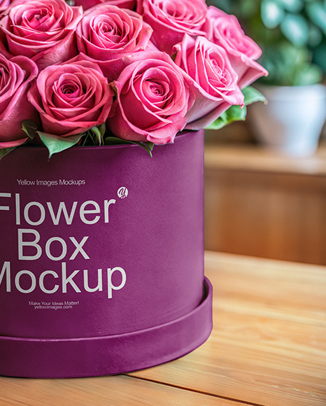 Round Flower Box with Pink Roses Mockup