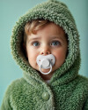 A Baby Boy Wearing Green Fluffy Fur Coat with Pacifier Mockup