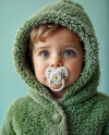 A Baby Boy Wearing Green Fluffy Fur Coat with Pacifier Mockup