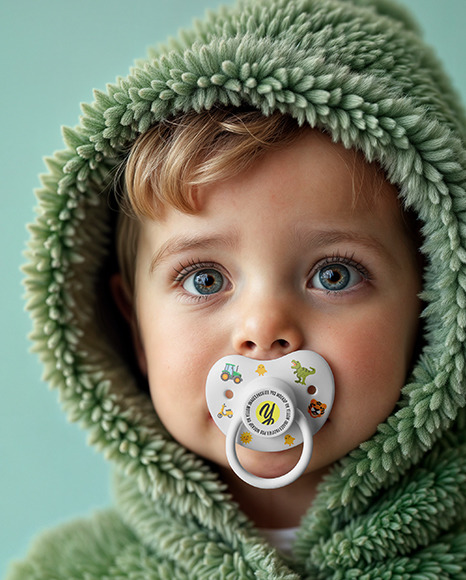A Baby Boy Wearing Green Fluffy Fur Coat with Pacifier Mockup
