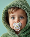 A Baby Boy Wearing Green Fluffy Fur Coat with Pacifier Mockup