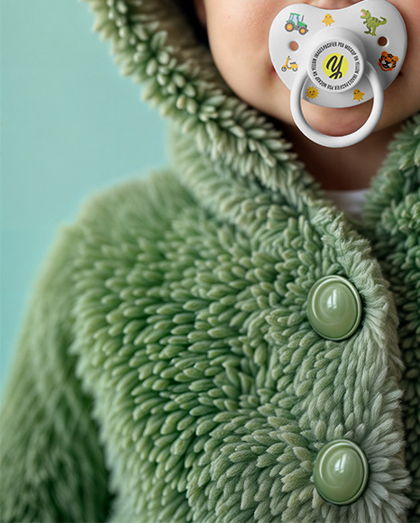 A Baby Boy Wearing Green Fluffy Fur Coat with Pacifier Mockup