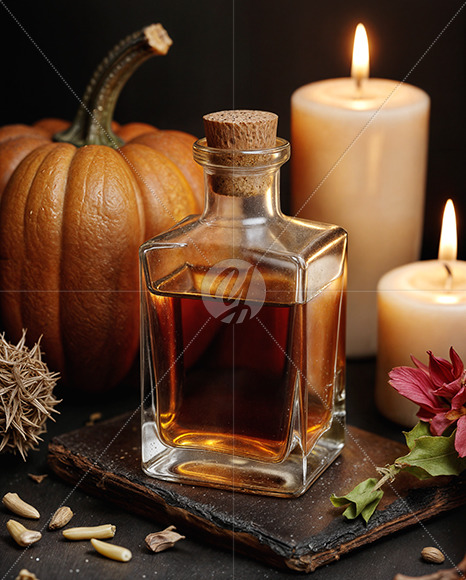 Oil Tincture Square Bottle with Candles and Pumpkin Mockup