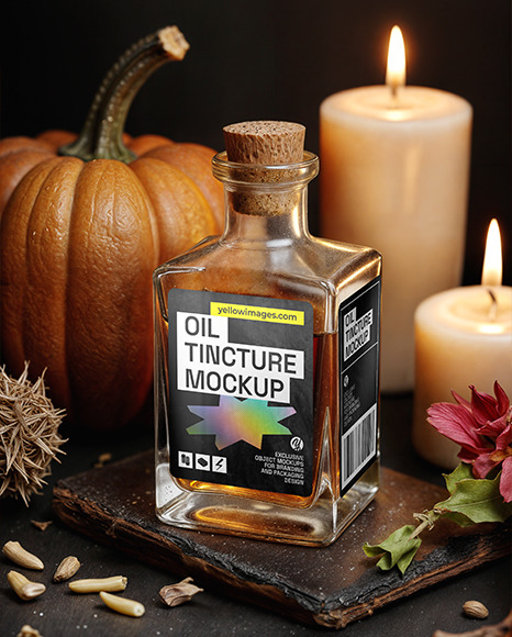 Oil Tincture Square Bottle with Candles and Pumpkin Mockup