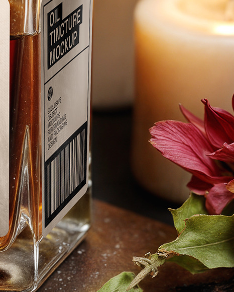 Oil Tincture Square Bottle with Candles and Pumpkin Mockup
