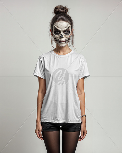 Slim Girl with Spirit of Halloween Mask Wearing a T-Shirt and Shorts Mockup
