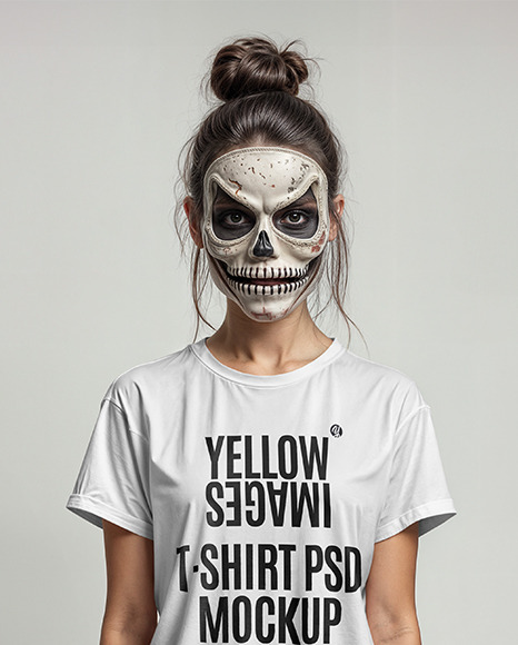 Slim Girl with Spirit of Halloween Mask Wearing a T-Shirt and Shorts Mockup