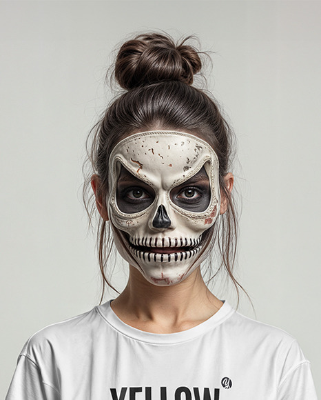 Slim Girl with Spirit of Halloween Mask Wearing a T-Shirt and Shorts Mockup
