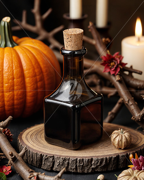 Amber Square Oil Tincture Bottle with Candles and Pumpkin Mockup Amber Square Oil Tincture Bottle with Candles and Pumpkin Mockup