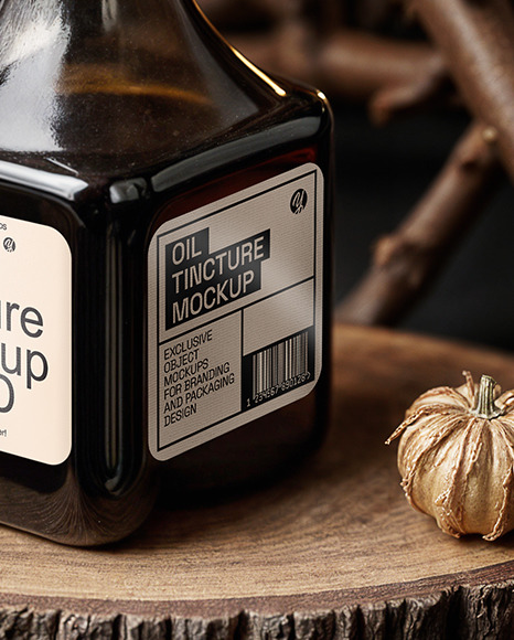 Amber Square Oil Tincture Bottle with Candles and Pumpkin Mockup Amber Square Oil Tincture Bottle with Candles and Pumpkin Mockup