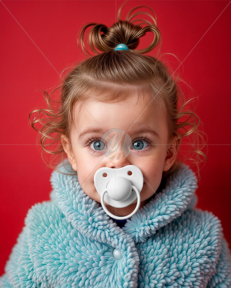A Baby Girl Wearing Blue Fluffy Fur Coat with Pacifier Mockup