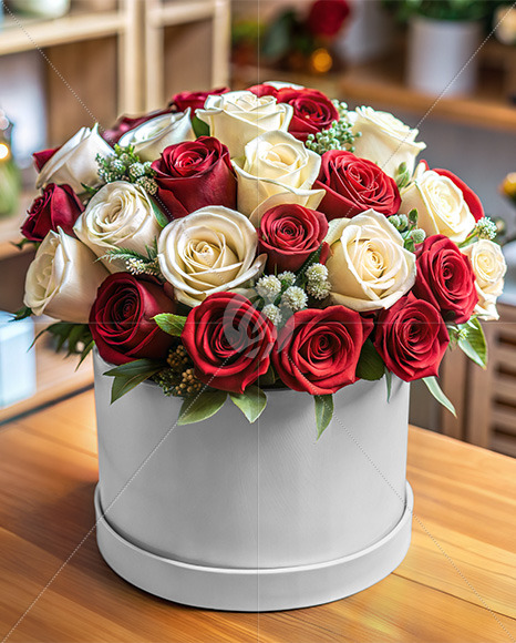 Round Flower Box with Roses Mockup