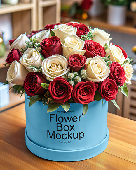 Round Flower Box with Roses Mockup