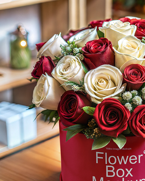 Round Flower Box with Roses Mockup