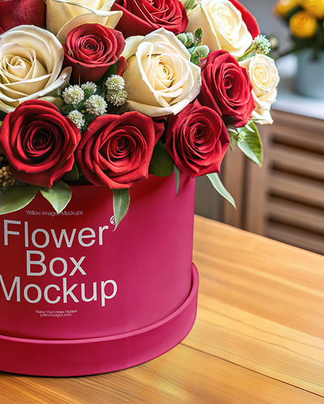 Round Flower Box with Roses Mockup