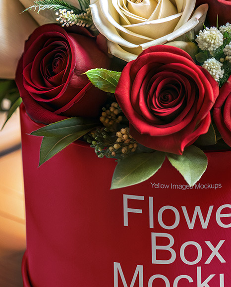 Round Flower Box with Roses Mockup